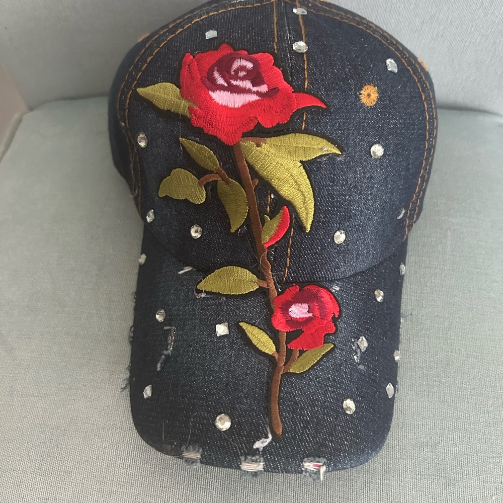 Private Label Denim Cap with Red Rose Embroidery